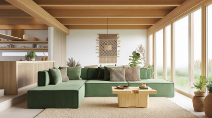 Modern living room with natural elements.