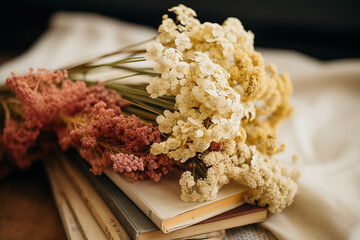 A gathered bouquet of Yarrow flowers in soft yellows, whites, and pinks wild and naturally styled. Herbology books and covers