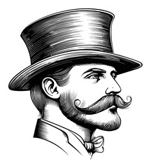 Vintage Engraving of Distinguished Gentleman with Top Hat and Mustache