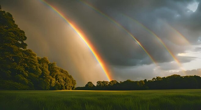 Triple Rainbow Arcs Over Green Field and Trees