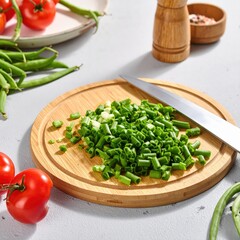 Dynamic Cutting Board Scene with Chopped Green Beans 