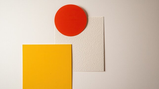 A red circle and yellow square overlap a textured white rectangle on a plain background, creating a minimalist abstract composition.