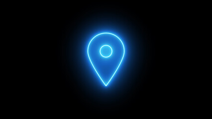 Glowing neon map or location pointer icon on a black background, destination point