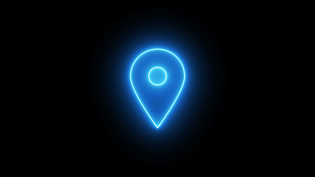 Glowing neon map or location pointer icon on a black background, destination point
