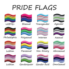 Set of colorful LGBTQ+ pride flags Gender equality and sexual identity pride flags collection LGBTQIA community pride month