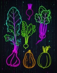 A digital abstract background featuring neon-outlined vegetables like kale, beets, and squash arranged in a matrix pattern over a dark, tech-inspired backdrop."