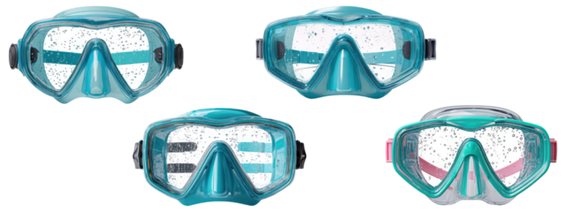 Set of underwater diving goggles with water droplets, isolated on transparent background