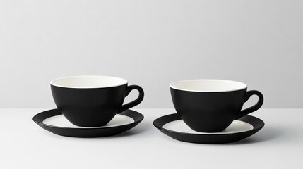 Obraz premium Two Black Teacups and Saucers on White Table