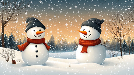 Obraz premium Two snowmen in a snowy landscape under snowfall.