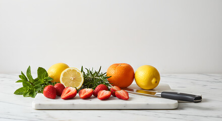 Fresh strawberry, lemon, orange, rosemary, and mint on white marble board with knife. Bright summer fresh food concept picture for blog banner.