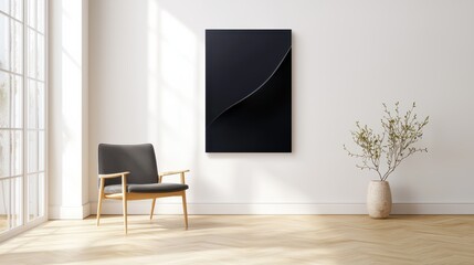 Minimalist living room with a modern armchair, abstract wall art, and a decorative plant in a vase by large windows.