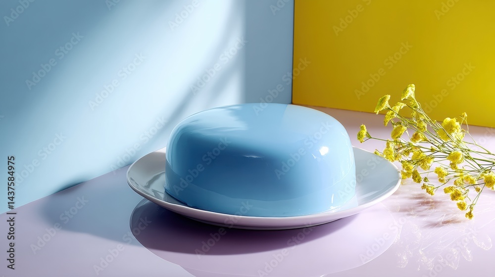Poster glossy mousse cake on a minimalist plate with vibrant background colors in a sunlit setting