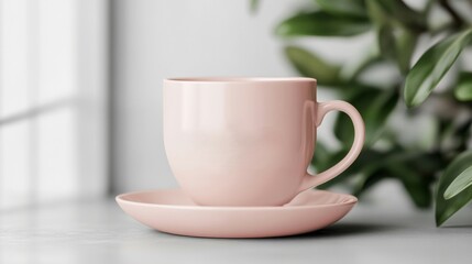 Pastel Pink Teacup on Saucer with Green Plant