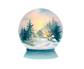 A serene snow globe featuring a cozy cabin surrounded by evergreen trees, encapsulating the magic of winter in a peaceful snowy landscape.