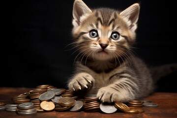 A cute cat holding coins in their paws or bellies