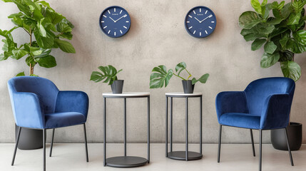 Modern waiting area with navy blue velvet armchairs, round tables, and plants.