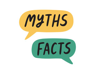 Myths facts speech bubble lettering. Myths and facts doodle hand drawn text.