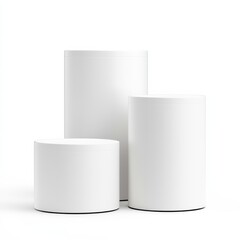 Three plain white cylindrical containers of varying heights displayed against a white background.