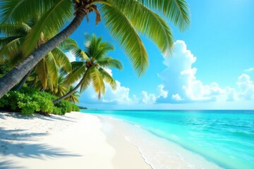 Fototapeta premium Turquoise water laps a white sand beach, palm trees sway gently , blue, waves, bahamas