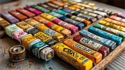 Naklejka premium Colorful art supplies on a wooden table, a vibrant and playful arrangement sparking creativity.