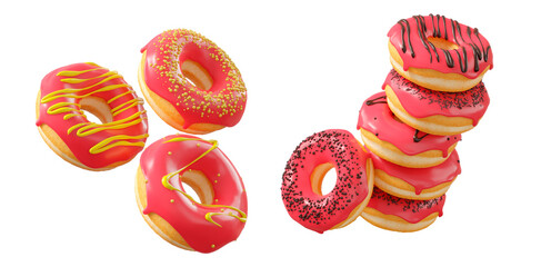 Donuts with red fruit glaze, sprinkles, white drizzle, and dots isolated on white transparent...