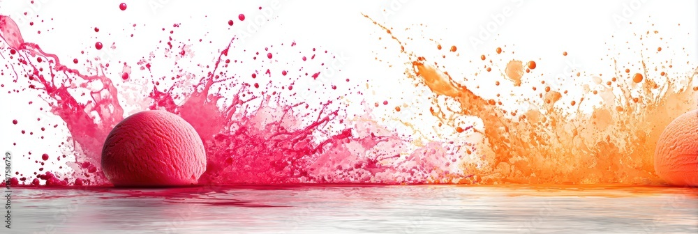 Poster floating scoop of sorbet with vibrant splash effect and droplets on white background showcasing colo