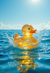 Golden Rubber Duck in Ocean Splash  Summer Fun  Beach Toy