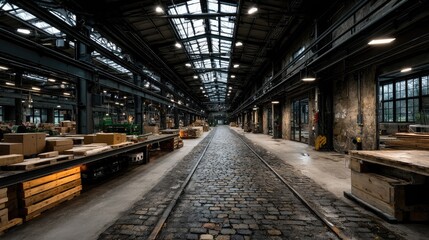 Industrial warehouse with concrete floors and steel beams, showcasing raw urban aesthetics and depth.