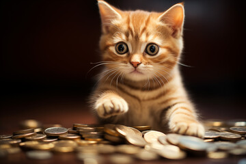 A cute cat holding coins in their paws or bellies