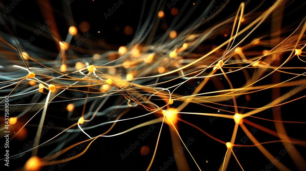 Poster Neural Network Composed of Glowing Threads Against a Clean Black Background Demonstrating Intricate Connectivity and Depth