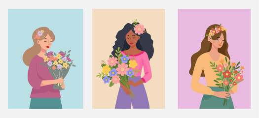 flower bouquet wrapping blooming plant hand woman compositions florist shop gerberas wild flowers eustomas happy holidays illustration background