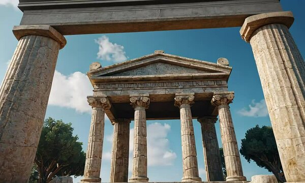Stone temple with large columns under a blue sky with some clouds.
