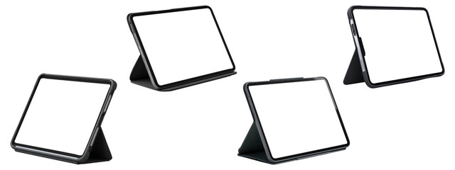 Set of digital tablets on stands with blank screens, isolated on transparent background