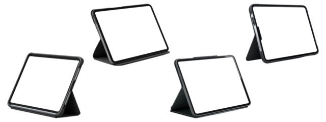 Set of digital tablets on stands with blank screens, isolated on transparent background