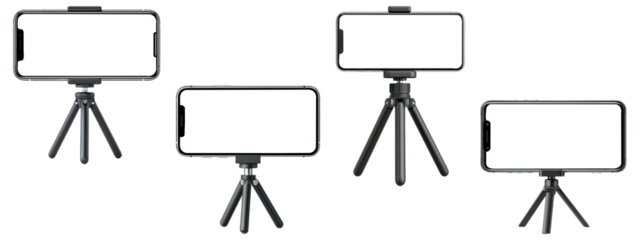 Set of smartphones on mini tripods with blank screens, isolated on transparent background