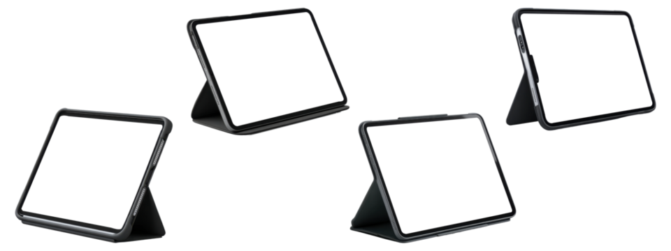Set of digital tablets on stands with blank screens, isolated on transparent background