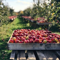 Freshly picked apples in wooden crate, orchard setting