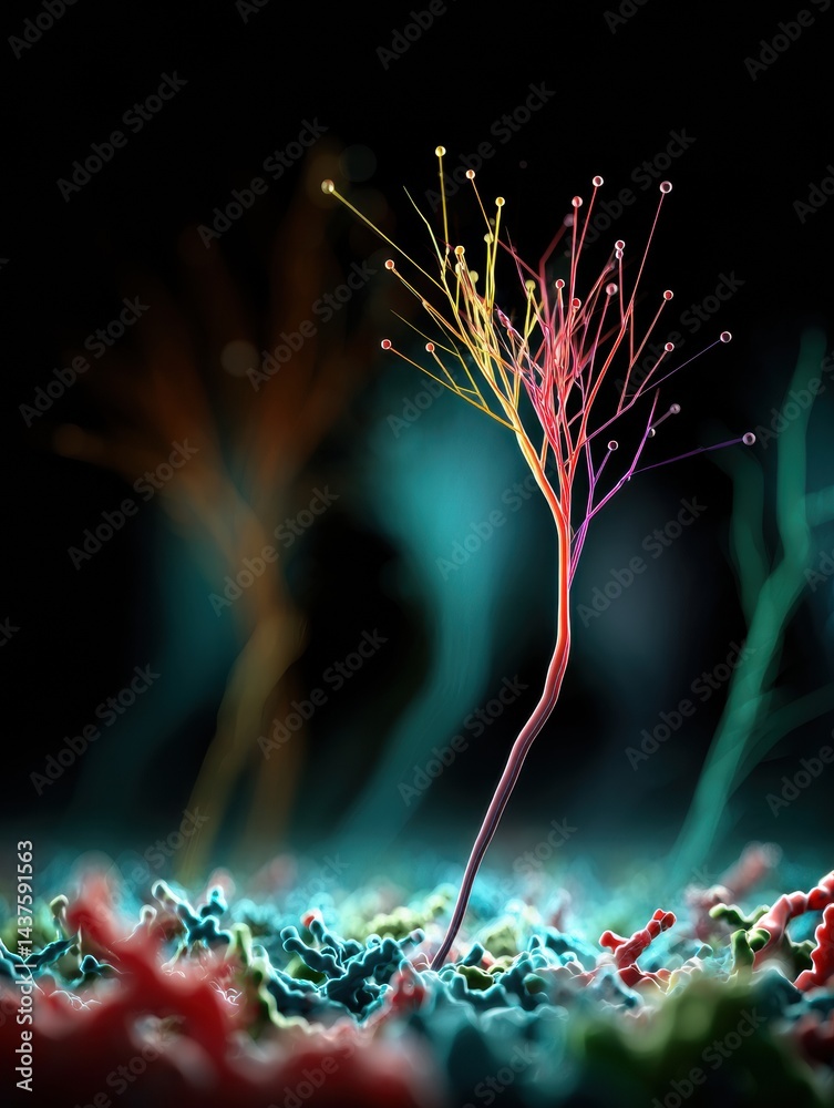 Poster stylized synthetic neuron emerging from vibrant digital soil in a futuristic environment
