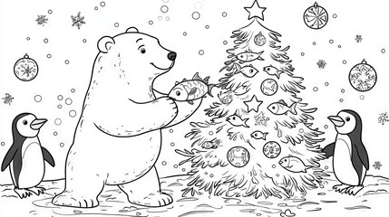 Obraz premium Winter Scene with Bear and Penguins Coloring Page for Kids
