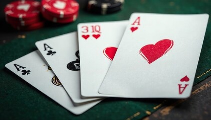 Playing cards arranged in a classic ace pattern , hearts, clubs