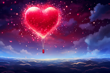 A bright red balloon rising toward the stars in a dreamy twilight sky, soft glowing clouds and sparkles, uplifting design for a banner