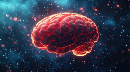 Fototapeta premium A digital brain made of red and blue particles, set against a dark blue cosmic background with floating light dots, conveying a futuristic and technological vibe.