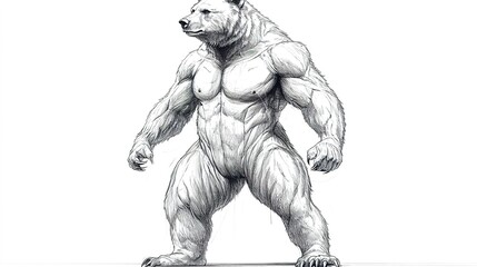 Fototapeta premium A muscular standing bear with hands on hips, depicted in a black and white sketch style, with a blank background, showcasing strength and confidence.