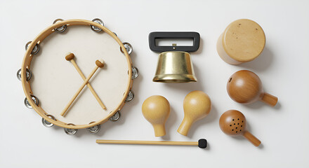 Top-down view of jazz percussion accessories: tambourine, cowbell, shakers, neatly arranged on white surface