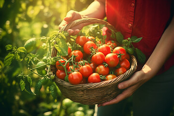 A basket full of freshly picked red tomatoes in a lush green garden, hands of a gardener holding one
