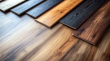 Various samples of wooden flooring in different colors and textures, arranged together, with a wooden floor background, representing a theme of renovation and design.