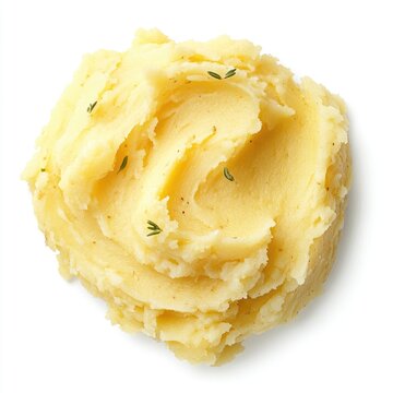 Delicious mashed potatoes with a pat of butter, isolated on a white background, beside crispy potato chips