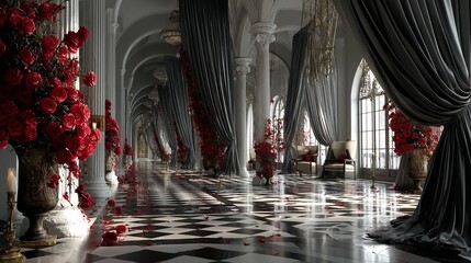 The inside of a gothic ballroom has a black and white checkered floor and an arrangement of red roses. draperies, columns, and a gray, weird crucifix. Generative Ai