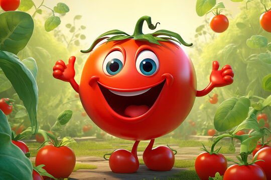 A illustration of happy cartoon tomato with a big smile and cute eyes, waving hello with leafy arms, standing in a garden