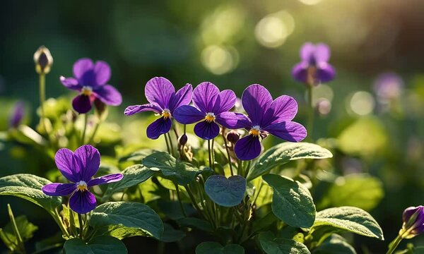 Close-up of vibrant purple violets in sunlight, with soft bokeh background.